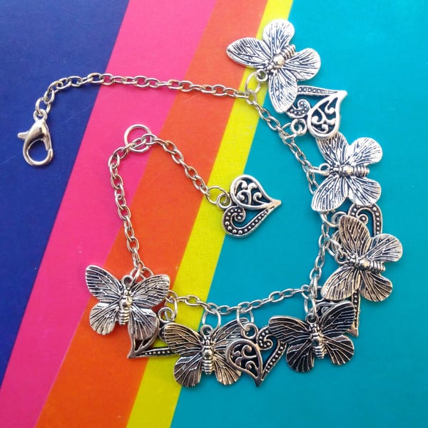 Beautiful Siver Hearts & Butterflies Bracelet