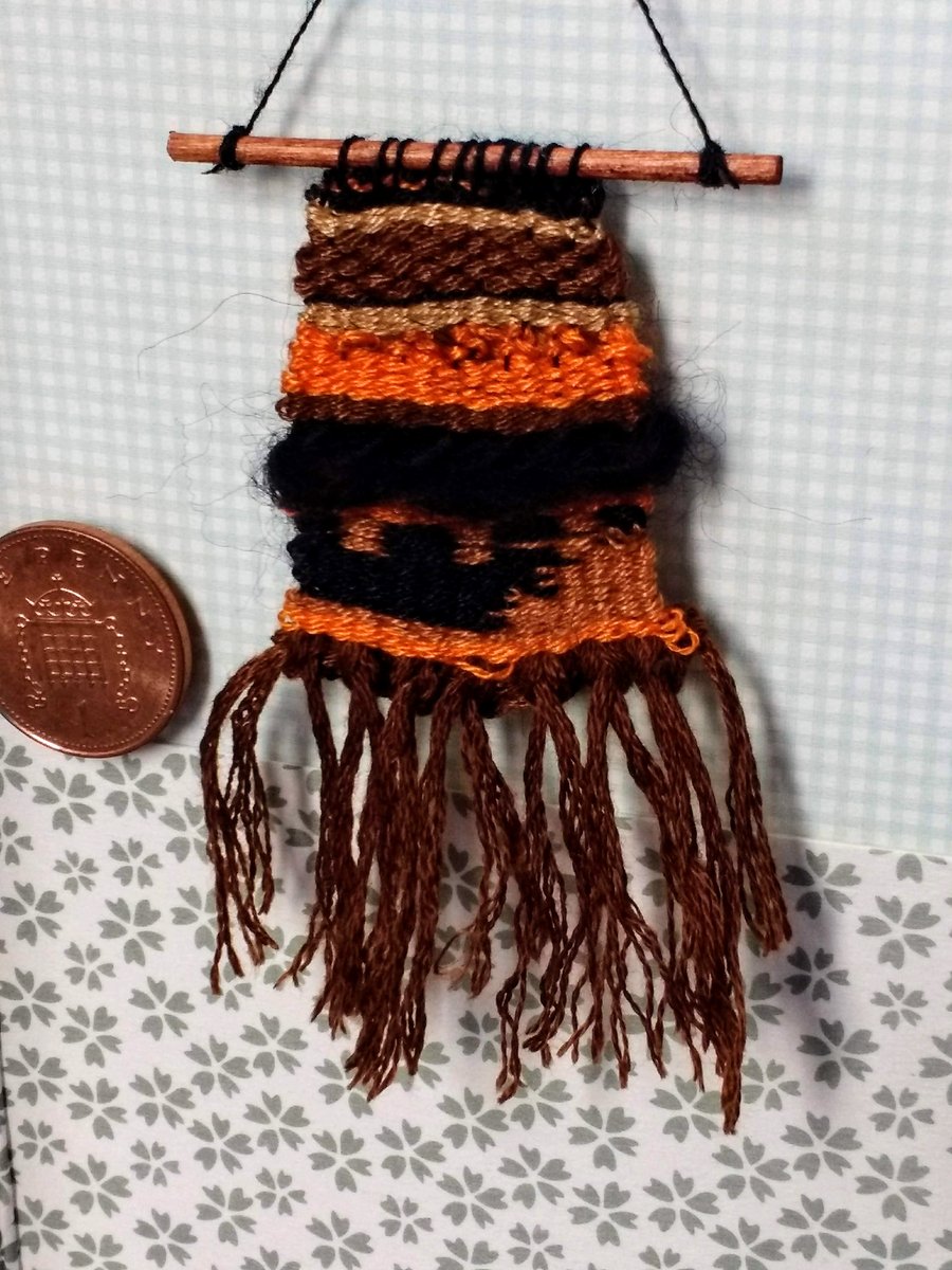 Miniature woven wall art, brown and orange
