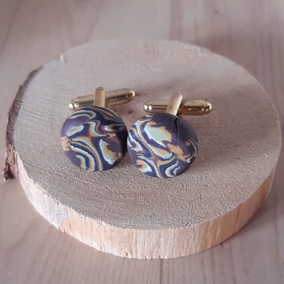 Handmade dark brown multi coloured polymer clay cufflinks