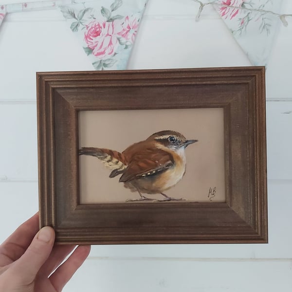 Framed Original Art Soft Pastel Drawing of a Wren 