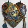 Grungy Mixed Media Love You Hanging Heart 