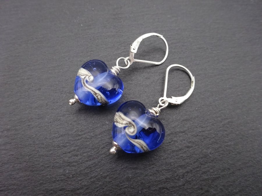 blue lampwork glass heart earrings, lever back sterling silver 