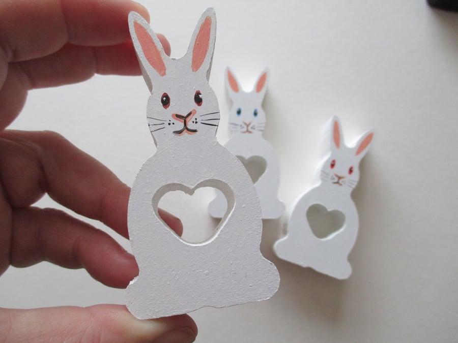 Wooden Wood Bunny Rabbit Ornament White with Brown Eyes and Love Heart