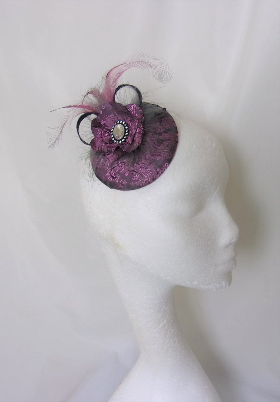 Hot Pink and Dark Grey Paisley Satin Feather Retro Cocktail Fascinator Hat
