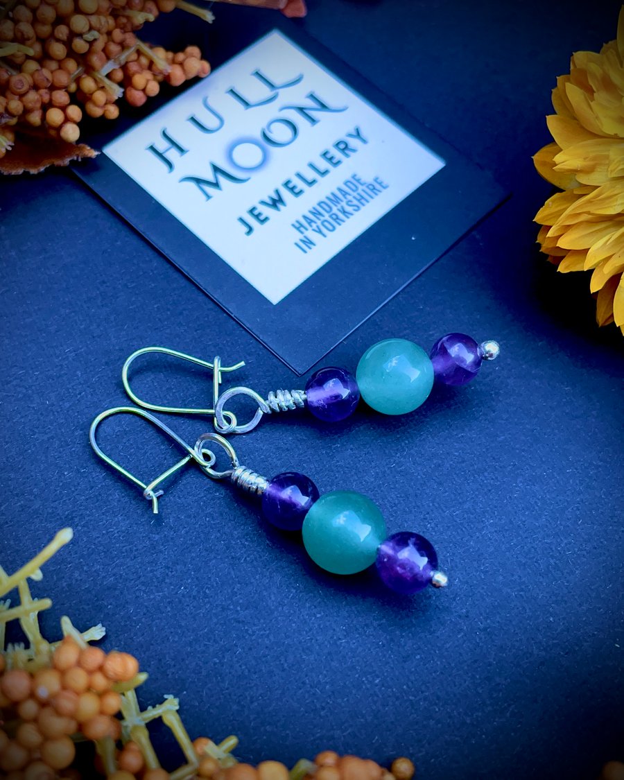 Dangle earrings, Green Aventurine & Amethyst beads, Sterling Silver safety hook