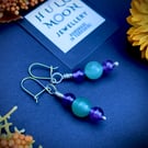 Dangle earrings, Green Aventurine & Amethyst beads, Sterling Silver safety hook