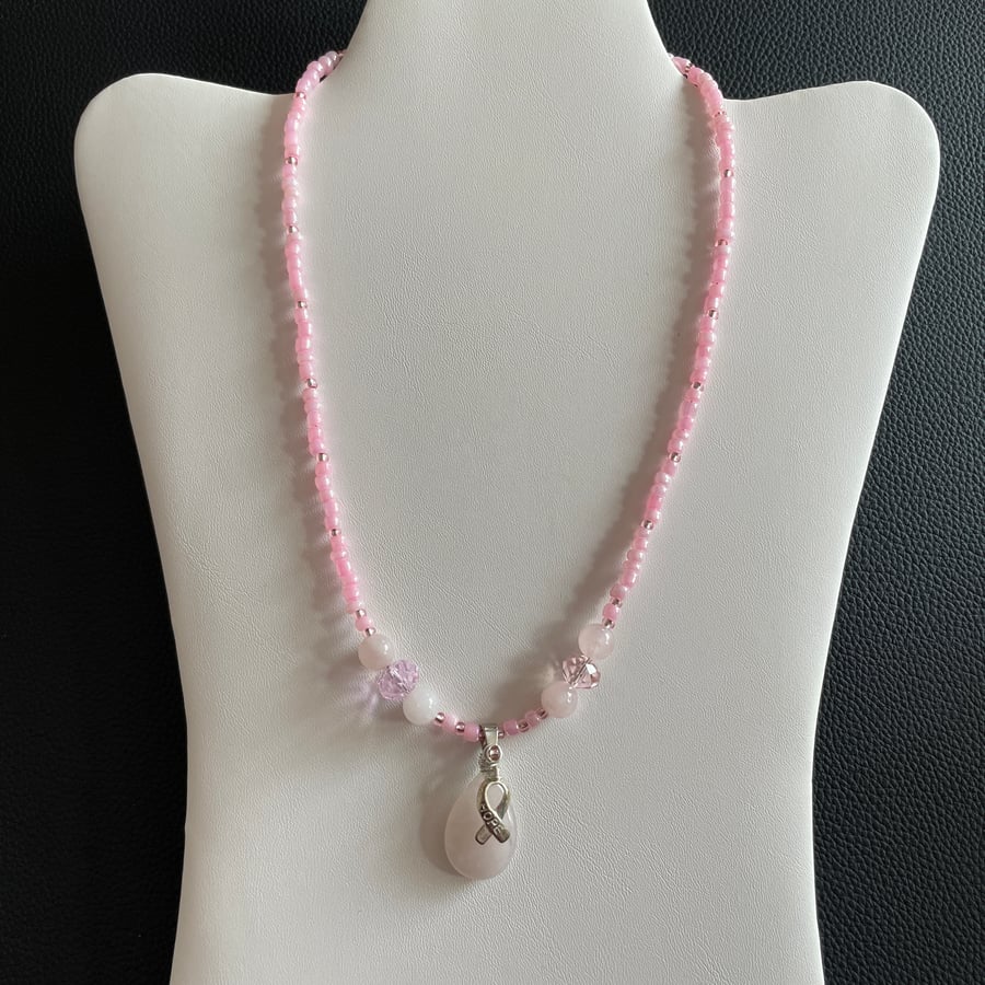 Rose Quartz Breast Cancer Pink Ribbon Beaded Necklace
