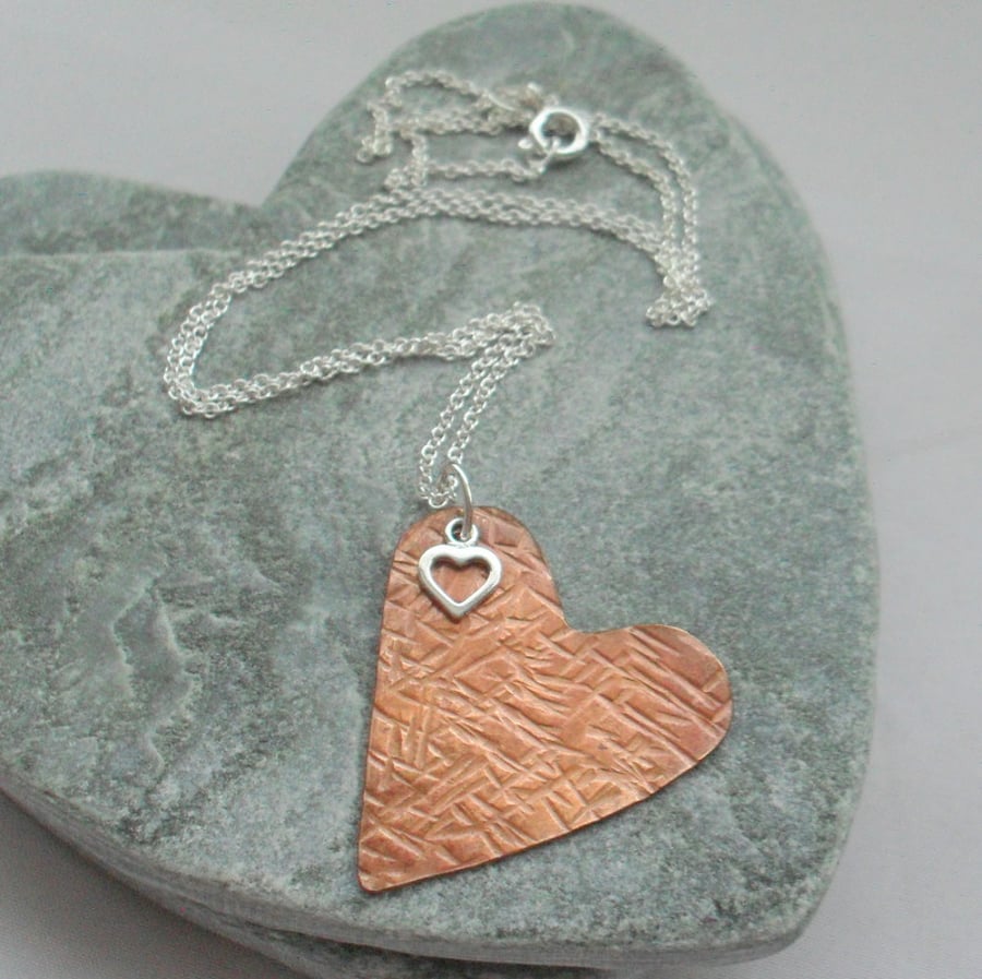 Vintage Style Copper Heart Pendant With Sterling Silver Heart Charm 