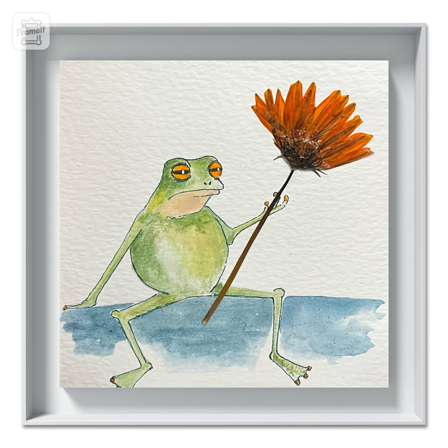 Original watercolour with pressed flower