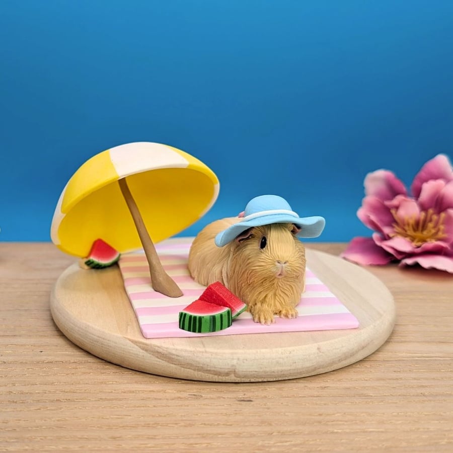 Guinea Pig on the Beach Figurine, Summer Guinea Pig Sculpture 