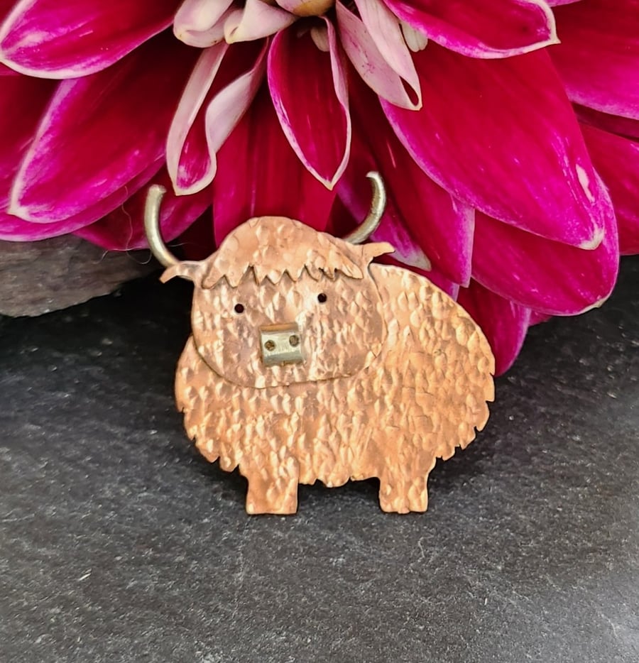 Highland cow brooch in copper and sterling silver