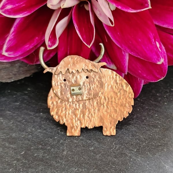 Highland cow brooch in copper and sterling silver