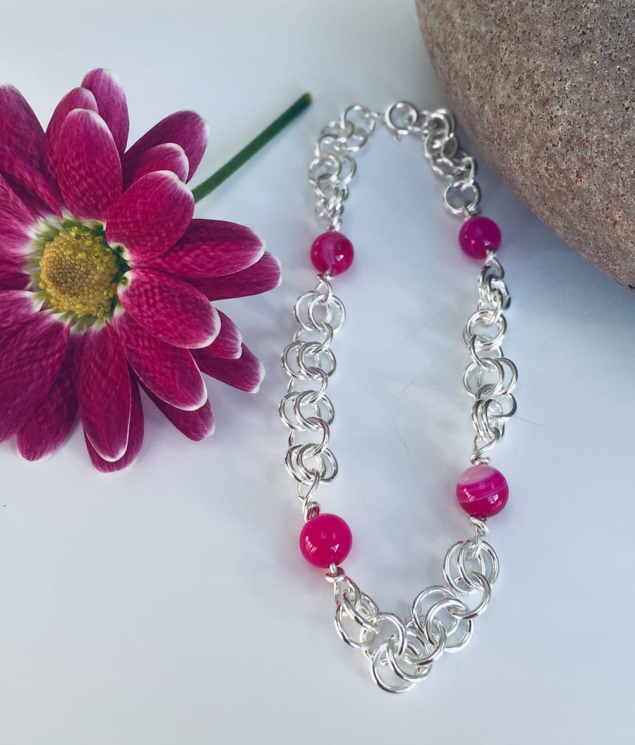 Sterling Silver Pink Agate Bracelet