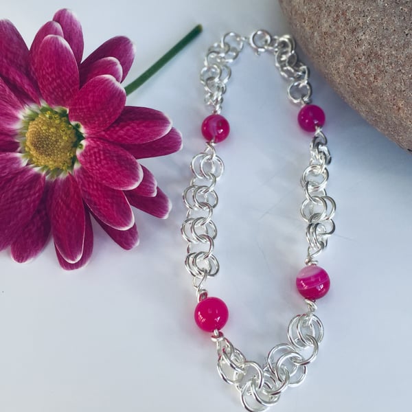 Sterling Silver Pink Agate Bracelet