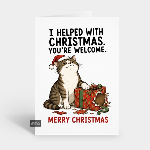 Funny Christmas Card - Helping Cheeky Cat
