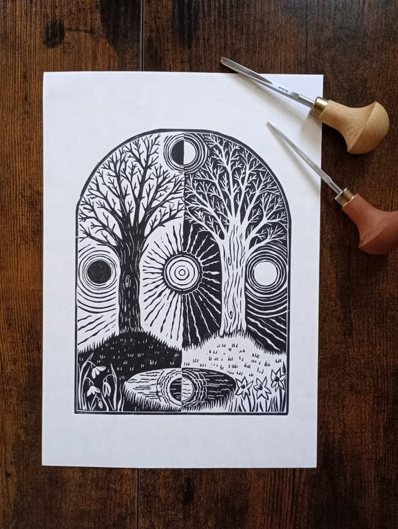 Spring Equinox - original handmade linocut print