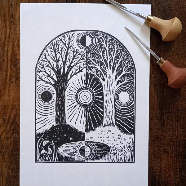 Spring Equinox - original handmade linocut print