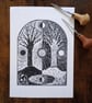 Spring Equinox - original handmade linocut print