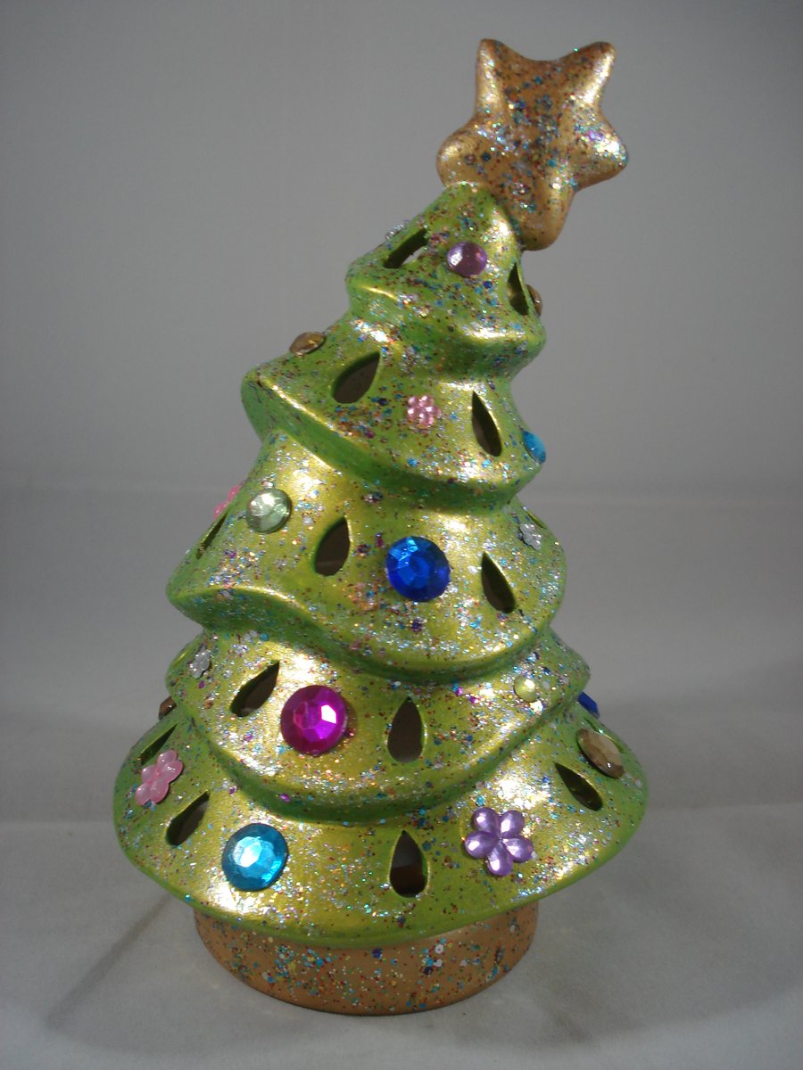 Green Glittery Ceramic Xmas Christmas Tree Candle Tea Light Holder Decoration.