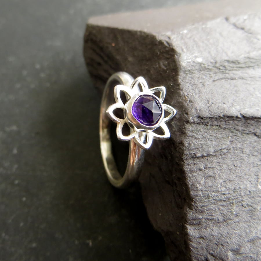 Amethyst and sterling silver flower ring, February birthstone gift