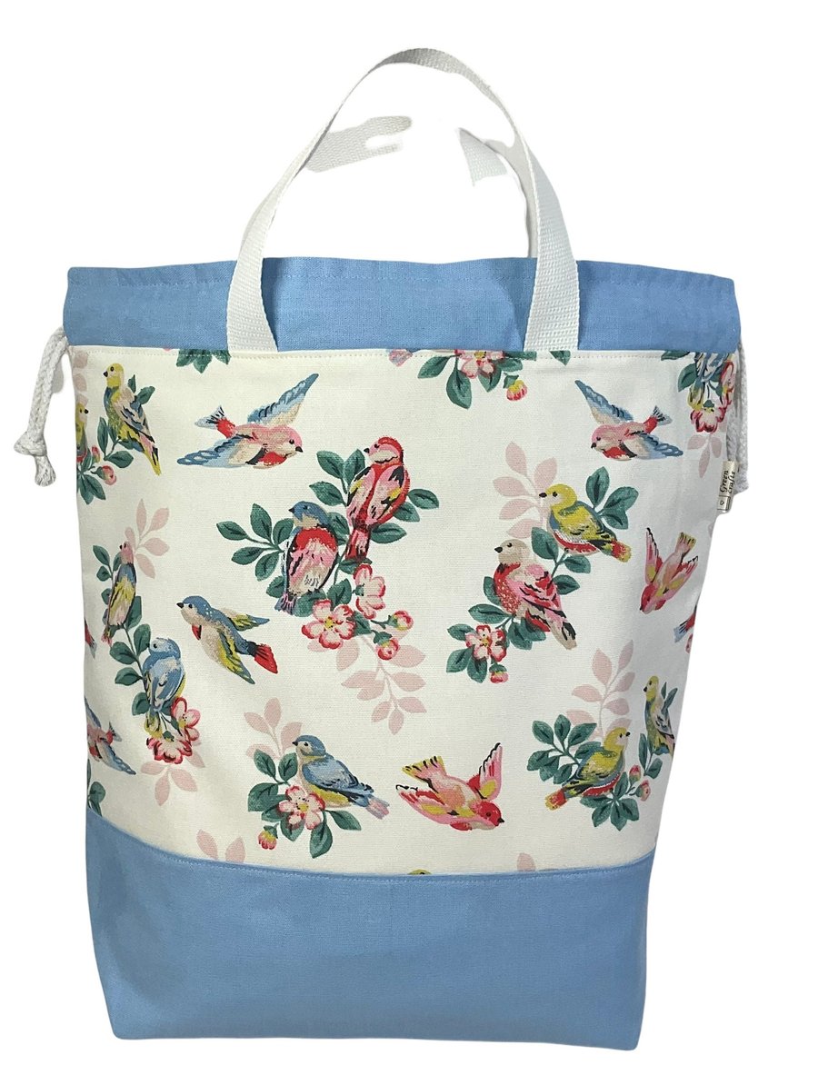 Extra Large canvas drawstring knitting bag with birds and floral print, multi po
