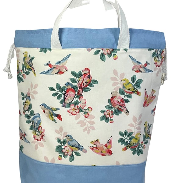 Extra Large canvas drawstring knitting bag with birds and floral print, multi po