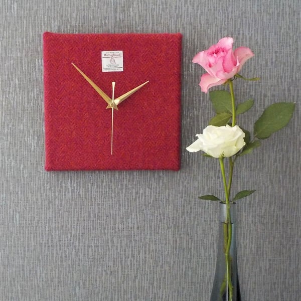 Harris Tweed square clock wool fabric pink herringbone wall clock
