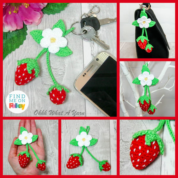 Strawberries crochet bag charm. Strawberry key ring.