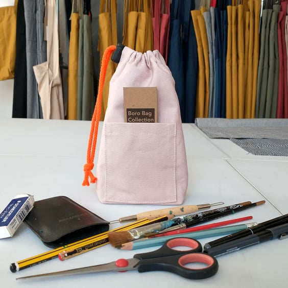 Pink Drawstring Ditty Bag with Pocket made from Upcycled Repurposed Canvas