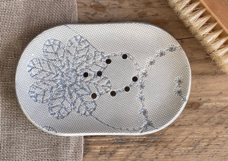Soap Dish Large Handmade Ceramic Dish Grey Crochet design