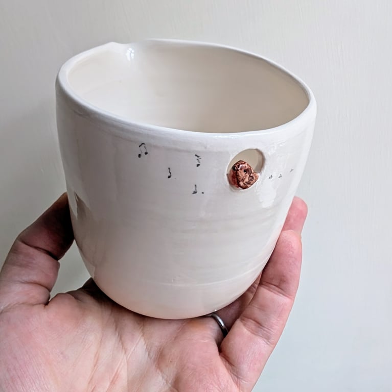 Ceramic handmade robin jug handleless pourer with miniature bird & musical notes