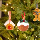 Festive felt decoration trio,  Pudding, Gingerbread person, Gingerbread house