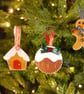 Festive felt decoration trio,  Pudding, Gingerbread person, Gingerbread house - Image 1