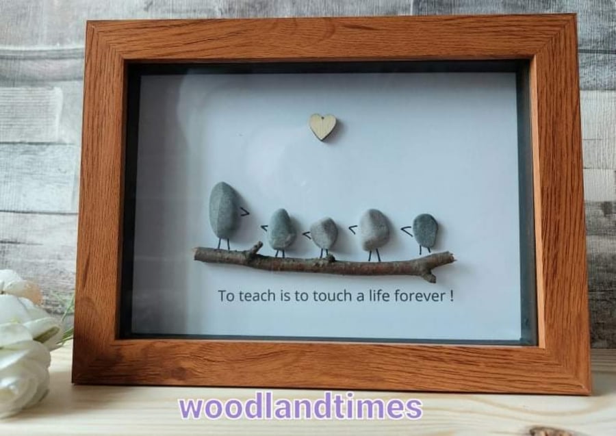 Teacher gift, end of term gift, pebble art, bird pebbles, 5 inch by 7 inch frame