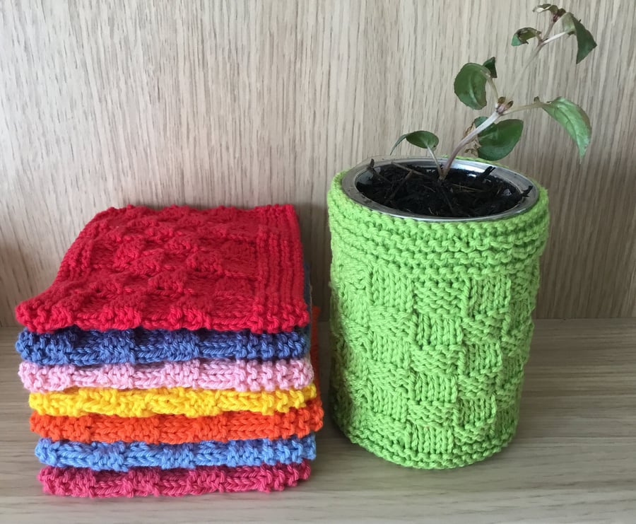 Hand Knitted Plant Pot Cover, Upcycled Can Cover, Herb Pot Cosy