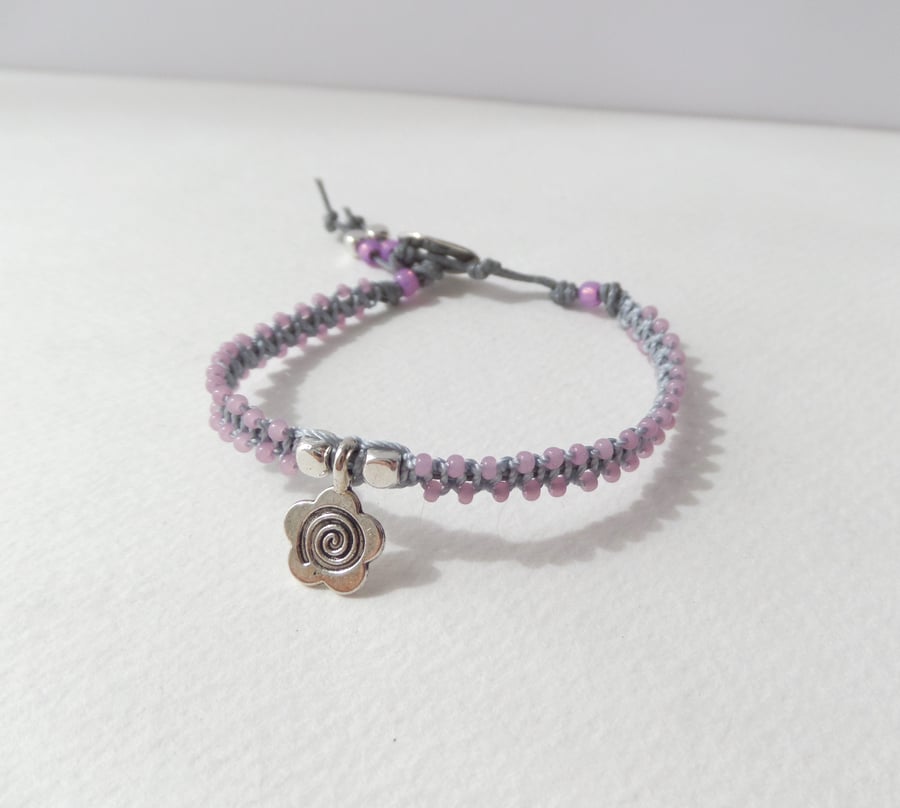 Lilac and Grey Delicate Bracelet, beaded macramé, flower charm