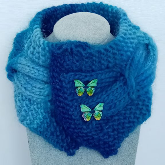 Neck Warmer - Pure Wool - Blue Scarf - Butterfly Buttons 