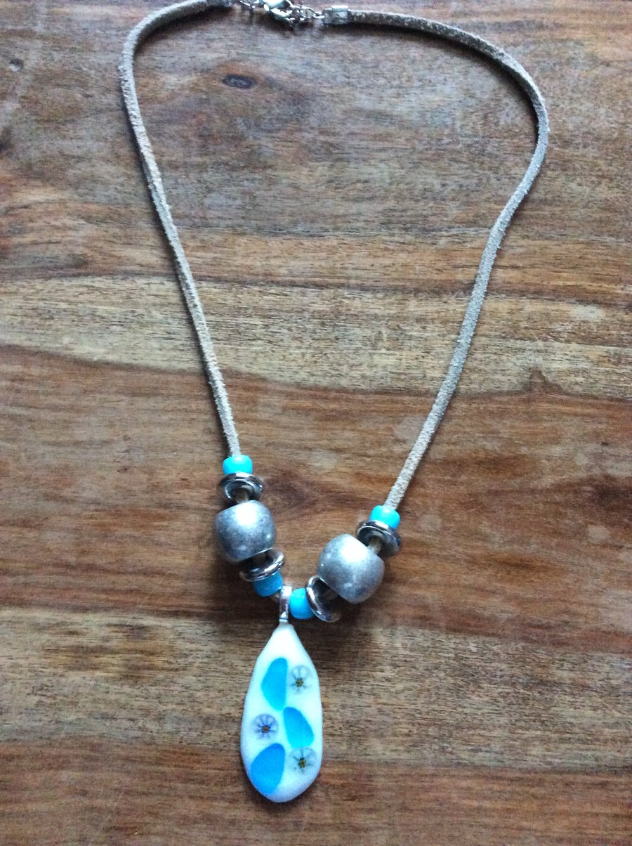 Necklace with blue and white fused glass pendant 