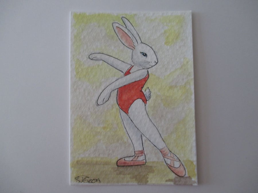 ACEO Bunny Rabbit Ballerina Ballet Dancing Bunny Rabbit Original Painting 023