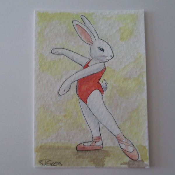 ACEO Bunny Rabbit Ballerina Ballet Dancing Bunny Rabbit Original Painting 023