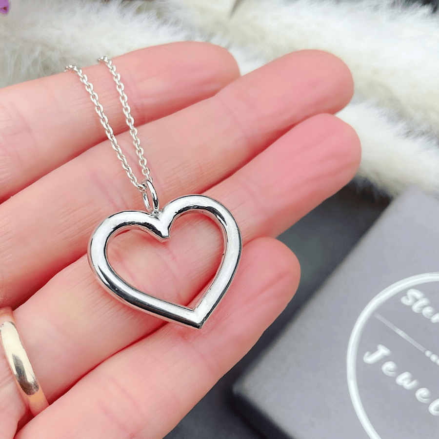 Sterling Silver Solid Open Heart Necklace Pendant