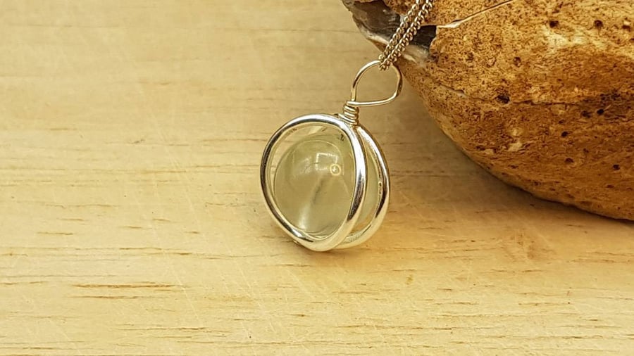 Small Prehnite circle pendant. 925 sterling silver necklaces for women