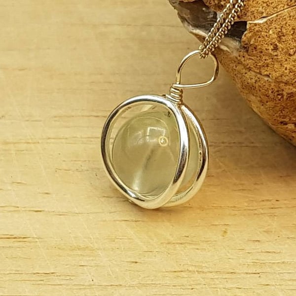 Small Prehnite circle pendant. 925 sterling silver necklaces for women