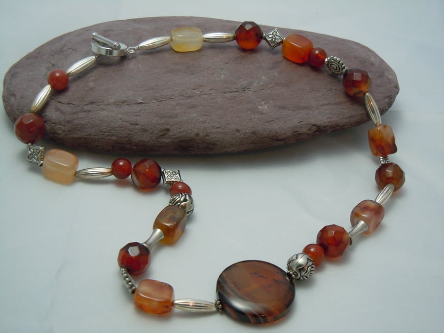 Red Agate necklace with silver plate beads 