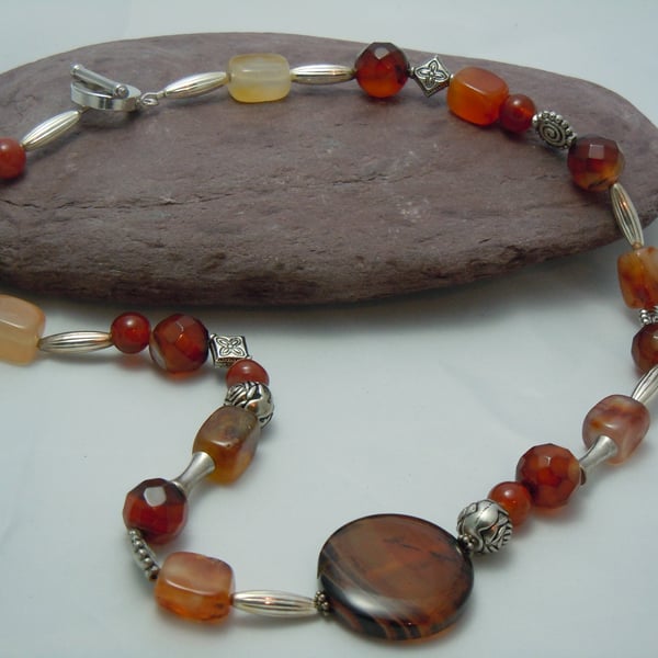 Red Agate necklace with silver plate beads 