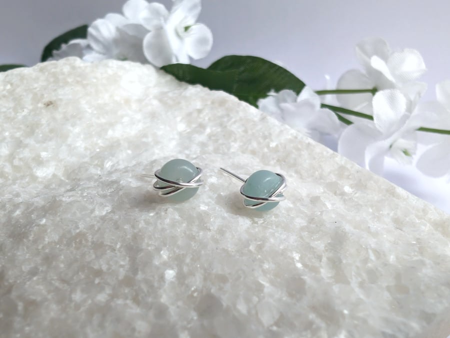 AMAZONITE Stud Earrings Sterling Silver 14K Gold Filled Jewellery Wire Wrapped