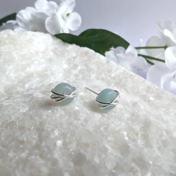 AMAZONITE Stud Earrings Sterling Silver 14K Gold Filled Jewellery Wire Wrapped