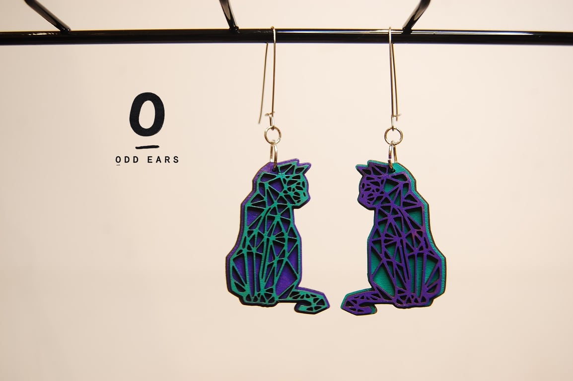 Bright Mismatched Geometric Cat Earrings (Large) Handmade Wood Statement Jewelle