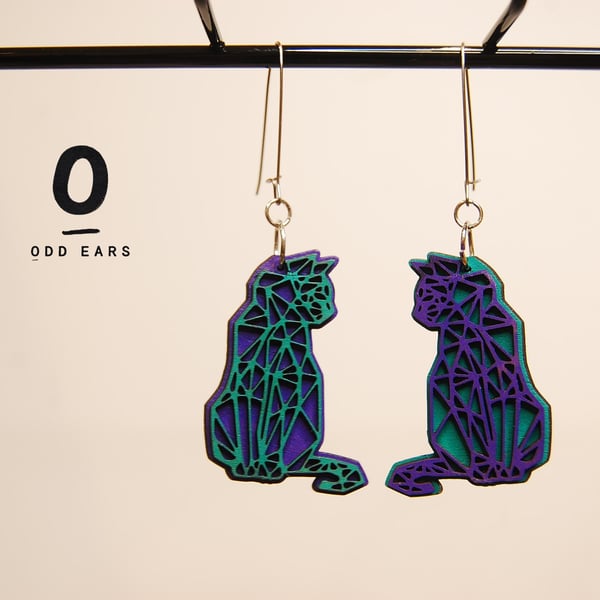 Bright Mismatched Geometric Cat Earrings (Large) Handmade Wood Statement Jewelle