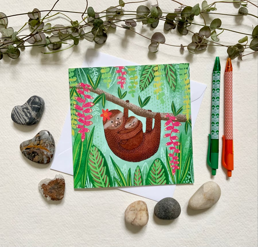 Mum and Baby Sloth Blank Greetings Card